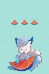 Rule 34 | alolan form, alolan vulpix, commentary request, creatures (company), closed eyes, facing viewer, food, food on face, fruit, game freak, gen 7 pokemon, green background, highres, holding, nintendo, no humans, pokemon, pokemon (creature), solo, tongue, tongue out, watermelon, watermelon seeds, watermelon slice, wulie errr
