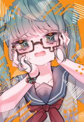 Rule 34 | 1girl, absurdres, aki keika, blue hair, blush, cinderella (vocaloid), commentary, glasses, green eyes, hands on own cheeks, hands on own face, hatsune miku, highres, nervous, open mouth, orange background, portrait, red ribbon, ribbon, school uniform, vocaloid