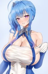Rule 34 | 1girl, absurdres, azur lane, blue hair, blush, breasts, dress, highres, hotate-chan, large breasts, long hair, looking at viewer, sidelocks, smile, solo, st. louis (azur lane), taut clothes, taut dress