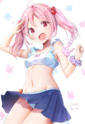 Rule 34 | 10s, 1girl, ahoge, artist name, bare shoulders, bikini, blue bikini, blue skirt, bow, bow bikini, breasts, collarbone, cowboy shot, crop top, groin, hair bobbles, hair ornament, hand up, heart, highres, kantai collection, kinako (shiratama mochi), looking at viewer, medium hair, midriff, miniskirt, navel, open mouth, panties, pantyshot, pink bow, pink eyes, pink hair, pleated skirt, salute, sazanami (kancolle), scrunchie, signature, skirt, sleeveless, small breasts, solo, standing, stomach, swimsuit, twitter username, two side up, underwear, upskirt, usako (ppp usagi ), white panties, wind, wind lift, wrist scrunchie