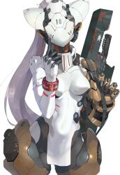 1girl absurdres asymmetrical_gloves commentary finger_to_face gloves gorget groin gun handgun highres humanoid_robot long_hair machine original ponytail robot simple_background weapon white_background white_hair wide_hips yunimaru