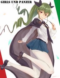 Rule 34 | 10s, 1girl, anchovy (girls und panzer), artist name, bad id, bad nicoseiga id, belt, black bow, black cape, black footwear, black necktie, black theme, blue skirt, bow, brown footwear, buckle, cape, collared shirt, copyright name, drill hair, full body, girls und panzer, green hair, grin, hair between eyes, loafers, long sleeves, looking at viewer, necktie, pantyhose, parted lips, pleated skirt, pointer, red eyes, school uniform, shirt, shoes, sidelocks, signature, skirt, smile, solo, teeth, thighs, triangle, twin drills, twintails, white pantyhose, white shirt, yatsuka (846)
