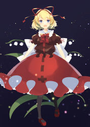 Rule 34 | 1girl, absurdres, black legwear, blonde hair, blue eyes, bow, bowtie, brown shirt, bubble skirt, flower, frilled shirt, frilled shirt collar, frilled sleeves, frills, highres, lily of the valley, mary janes, medicine melancholy, open mouth, puffy short sleeves, puffy sleeves, red bow, red footwear, red headwear, red neckwear, red ribbon, red skirt, ribbon, shinketsu kanyu, shirt, shoes, short hair, short sleeves, skirt, smile, touhou, wavy hair, white ribbon