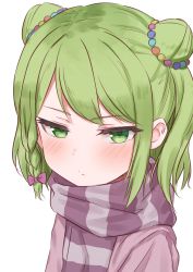 Rule 34 | 1girl, bad id, bad twitter id, blush, bow, braid, closed mouth, commentary request, double bun, green eyes, green hair, hair bow, hair bun, hair ornament, half-closed eyes, highres, looking at viewer, morinaka kazaki, nijisanji, scarf, short hair, simple background, solo, upper body, v-shaped eyebrows, virtual youtuber, white background, yotsugi