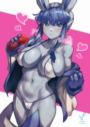 Rule 34 | 1girl, absurdres, animal ears, bikini, blue eyes, blue hair, blue skin, blush, breasts, cameltoe, cleavage, cleft of venus, closed mouth, collarbone, colored skin, creatures (company), furry, furry female, game freak, gen 4 pokemon, glaceon, highres, iparupua, large breasts, long sleeves, looking at viewer, medium hair, nintendo, pokemon, shiny skin, solo, sweat, swimsuit, tail, tenga, white bikini