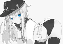 Rule 34 | 1girl, absurdres, anchor symbol, bent over, blue eyes, breasts, commentary, crossed bangs, dated, flat cap, hair between eyes, hat, hibiki (kancolle), highres, kantai collection, long hair, long sleeves, looking at viewer, monochrome, neckerchief, no pants, parted lips, sailor collar, school uniform, senoo arika, serafuku, simple background, small breasts, solo, spot color, thighhighs