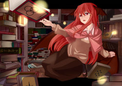 Rule 34 | 1girl, alternate costume, bat wings, bespectacled, book, bookshelf, cape, female focus, floating book, glasses, head wings, highres, hinanawi tenshi, koakuma, library, light particles, lights, long hair, nechio, open mouth, outstretched hand, red eyes, red hair, room, shirt, skirt, solo, touhou, voile, wings