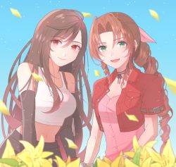 Rule 34 | 2girls, :d, aerith gainsborough, bare shoulders, black hair, black skirt, breasts, brown hair, buttons, cleavage, closed mouth, crop top, cropped jacket, dress, drill hair, final fantasy, final fantasy vii, green eyes, hair between eyes, hair intakes, hair ribbon, highres, jacket, large breasts, light particles, long hair, looking at viewer, multiple girls, navel, open clothes, open jacket, open mouth, petals, pink dress, pink ribbon, red eyes, red jacket, ribbon, shirt, short sleeves, skirt, smile, suspender skirt, suspenders, tank top, tifa lockhart, toufu (toufu 53), unbuttoned, very long hair, white shirt
