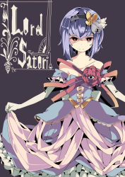 Rule 34 | 1girl, :|, adapted costume, aoi kujira, bare shoulders, breasts, bright pupils, cleavage, closed mouth, dress, english text, expressionless, hairband, komeiji satori, looking at viewer, purple hair, red eyes, sash, small breasts, solo, third eye, touhou, white pupils