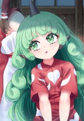 Rule 34 | 2girls, :3, :p, brown hair, cloud print, commentary, curly hair, detached sleeves, english commentary, green eyes, green hair, hair tubes, hakurei reimu, highres, horns, japanese clothes, kariyushi shirt, komainu ears, komano aunn, leaning on person, light particles, long hair, miko, multiple girls, nontraditional miko, out of frame, outdoors, red shirt, rion (user ufvg8527), shirt, short sleeves, signature, single horn, sliding doors, smile, tongue, tongue out, touhou