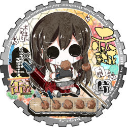 Rule 34 | 10s, 1girl, :3, akagi (kancolle), arrow (projectile), bauxite, blush stickers, chibi, crying, eating, flight deck, kantai collection, long hair, lowres, mouth hold, muneate, quiver, skirt, solid circle eyes, solo, streaming tears, tears, yamaguchi shinnosuke