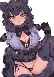 Rule 34 | 1girl, animal ear fluff, animal ears, black bow, black bowtie, black bra, black gloves, black hair, black jaguar (kemono friends), black panties, black thighhighs, blouse, blue eyes, blush, bow, bow bra, bow panties, bowtie, bra, breasts, cleavage, clothes lift, commentary request, elbow gloves, extra ears, female pubic hair, frills, fur collar, gloves, grey shirt, high-waist skirt, jaguar ears, jaguar print, jaguar tail, kemono friends, large breasts, lifted by self, looking at viewer, open clothes, open mouth, open shirt, panties, print gloves, print skirt, print thighhighs, pubic hair, pubic hair peek, shirt, short hair, short sleeves, side-tie panties, skirt, skirt lift, solo, tail, thighhighs, tsukeo, underwear