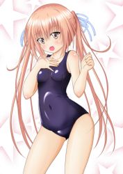 Rule 34 | 1girl, aki (kagamitotukasakonata), covered navel, hand on own chest, highres, long hair, one-piece swimsuit, open mouth, original, pink eyes, pink hair, ribbon, school swimsuit, smile, solo, swimsuit, twintails, very long hair