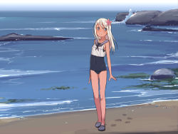 Rule 34 | 10s, 1girl, blue eyes, child, collarbone, covered navel, crocs, dark-skinned female, dark skin, flower, full body, hair flower, hair ornament, kantai collection, long hair, looking to the side, maze (gochama ze gohan), one-piece swimsuit, parted lips, ro-500 (kancolle), sailor collar, school swimsuit, solo, standing, swimsuit, water