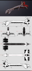 Rule 34 | absurdres, blueprint (medium), character sheet, commentary, concept art, eve online, frigate (eve online), from side, glowing, grey theme, highres, ivangraphics, military vehicle, multiple views, no humans, original, science fiction, spacecraft, thrusters, vehicle focus