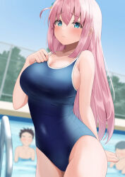 Rule 34 | 1girl, 2boys, blue eyes, blue one-piece swimsuit, bocchi the rock!, breasts, commentary request, competition school swimsuit, cowboy shot, embarrassed, gotoh hitori, hair between eyes, komugikokonko, large breasts, long hair, multiple boys, one-piece swimsuit, one side up, pink hair, pool, pool ladder, school swimsuit, solo focus, swimsuit