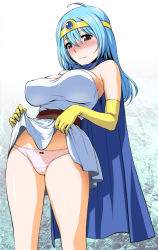 Rule 34 | 1girl, blue hair, blush, breasts, brown eyes, cape, chunsoft, circlet, clothes lift, dragon quest, dragon quest iii, elbow gloves, enix, gloves, large breasts, lifted by self, md5 mismatch, panties, sage (dq3), skirt, skirt lift, solo, square enix, st.germain-sal, underwear, upskirt
