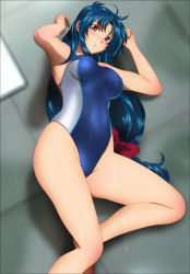 Rule 34 | 1girl, absurdres, armpits, arms up, blue hair, blush, breasts, brown eyes, chidori kaname, embarrassed, female focus, from above, full metal panic!, gradient background, hair ribbon, highres, indoors, large breasts, legs, long hair, looking at viewer, lying, one-piece swimsuit, ribbon, shiny skin, solo, sweat, swimsuit, thighs, yadokari genpachirou