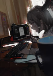 Rule 34 | 1girl, 1other, absurdres, at gunpoint, blood, blood splatter, brown eyes, brown hair, commentary request, cup, curtains, day, drawing, drawing tablet, from side, gun, gun to head, handgun, highres, holding, holding stylus, indoors, keyboard (computer), light smile, long sleeves, medium hair, monitor, nervous, open mouth, original, out of frame, pistol, profile, solo focus, stylus, sunlight, tearing up, weapon, window, zygocactus