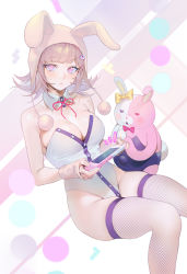 Rule 34 | 1girl, absurdres, alternate costume, animal ears, animal hood, bare arms, bare shoulders, blush, bow, breasts, cleavage, closed mouth, collarbone, commentary request, danganronpa (series), danganronpa 2: goodbye despair, ear bow, ear ribbon, feet out of frame, fishnet thighhighs, fishnets, flipped hair, hair ornament, hairclip, handheld game console, highres, holding, holding handheld game console, hood, large breasts, leotard, looking at viewer, mole, mole on breast, monomi (danganronpa), nanami chiaki, nintendo switch, ohisashiburi, pink background, pink bow, pink eyes, pink hair, pink neckwear, pink ribbon, rabbit hood, ribbon, short hair, short sleeves, solo, striped, striped background, stuffed animal, stuffed rabbit, stuffed toy, thighhighs, white background, white leotard, yellow ribbon