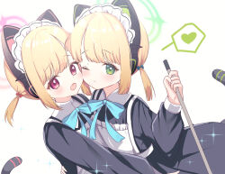 Rule 34 | 2girls, animal ear headphones, animal ears, apron, black dress, blonde hair, blue archive, blush, cat tail, closed mouth, dress, fake animal ears, green eyes, green halo, halo, headphones, heart, highres, long sleeves, maid, maid apron, maid headdress, midori (blue archive), midori (maid) (blue archive), momoi (blue archive), momoi (maid) (blue archive), multiple girls, official alternate costume, oguraponti, one eye closed, open mouth, pink halo, red eyes, short hair, siblings, simple background, sisters, smile, spoken heart, tail, twins, white apron, white background
