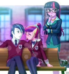 Rule 34 | 1boy, 2girls, age difference, age switch, aged down, aged up, bench, blonde hair, blue eyes, blue hair, blush, cadance (my little pony), colored skin, glasses, hair tie, highres, imminent kiss, jewelry, long hair, multicolored hair, multiple girls, my little pony, my little pony: equestria girls, my little pony: friendship is magic, necklace, personification, pink hair, pink skin, ponytail, purple eyes, purple hair, school uniform, sci-twi, shining armor, skirt, thighhighs, twilight sparkle, two-tone hair, uotapo, white skin