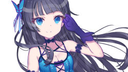 Rule 34 | 1girl, adjusting hair, armband, bare shoulders, black hair, blue dress, blue eyes, blunt bangs, breasts, butterfly hair ornament, center opening, choker, cleavage, collarbone, criss-cross halter, cross-laced clothes, cross-laced top, dress, gloves, hair ornament, halterneck, idolmaster, idolmaster million live!, idolmaster million live! theater days, lace, lace-trimmed choker, lace-trimmed gloves, lace trim, long hair, medium breasts, mogami shizuka, signature, smile, tansan daisuki, upper body
