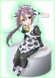 Rule 34 | 1girl, ahoge, akebono (kancolle), alternate costume, animal ears, apron, bell, black dress, commentary request, cow ears, cowbell, cowboy shot, dress, enmaided, fake animal ears, flower, frilled apron, frills, full body, fyuo, hair bell, hair flower, hair ornament, highres, jingle bell, kantai collection, long hair, looking at viewer, maid, purple eyes, purple hair, side ponytail, sitting, solo, spoken blush, very long hair, white apron