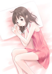 Rule 34 | 1girl, absurdres, ahoge, bad id, bad pixiv id, bare shoulders, bed sheet, brown eyes, brown hair, camisole, chikuwa (glossymmmk), chikuwa (odennabe), fetal position, from above, highres, lying, on side, original, pillow, slying, solo, spaghetti strap