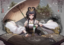 Rule 34 | 1girl, bare shoulders, black hair, cup, detached sleeves, facial mark, forehead mark, green eyes, hair rings, highres, instrument, japanese clothes, kimono, long hair, looking at viewer, luo tianyi, oil-paper umbrella, oop, original, petals, pouring, ripples, see-through, short hair, short hair with long locks, sidelocks, solo, umbrella, vocaloid, water, wide sleeves