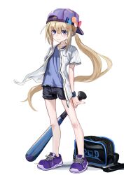 Rule 34 | 1girl, absurdres, backwards hat, bag, baseball bat, baseball jersey, black shorts, blonde hair, blue eyes, blue shirt, blush, bpqd, closed mouth, collarbone, denim, denim shorts, duffel bag, fang, floating hair, full body, hat, hat pin, highres, holding, holding baseball bat, holding behind back, jersey, long hair, looking at viewer, low ponytail, open clothes, open shirt, original, pinstripe pattern, pinstripe shirt, purple footwear, purple hat, shirt, shoes, short shorts, short sleeves, shorts, simple background, smile, sneakers, solo, standing, thick eyebrows, very long hair, white background, wristband