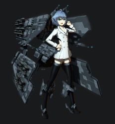 Rule 34 | 1girl, absurdres, ahoge, battlecruiser, battlecruiser (eve online), black panties, black thighhighs, blue eyes, blue hair, buttons, caldari navy (eve online), caldari state (eve online), camouflage, clothing cutout, coat, collarbone, combat ship (eve online), commentary request, cruiser, digital camouflage, drake (eve online), eve online, fang, full body, grey background, gun, hand on own head, hand on own hip, highres, long legs, long sleeves, machinery, mcrc science, mecha musume, microskirt, military, military vehicle, missile, missile pod, navy faction (eve online), open mouth, panties, personification, ship, short hair, side cutout, signature, simple background, skirt, sleeve cuffs, smile, solo, space ship, spacecraft, spaceship, standing, star (symbol), thighhighs, turret, underwear, warship, watercraft, weapon, white coat