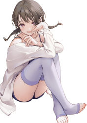 Rule 34 | 1girl, :d, bare shoulders, blush, braid, brown hair, commentary request, crossed ankles, crossed arms, elbow rest, feet, full body, hand on own face, knees to chest, knees up, long hair, long sleeves, looking at viewer, ne-on, no shoes, off shoulder, open clothes, open mouth, open shirt, original, purple thighhighs, red eyes, shirt, short braid, short shorts, shorts, sidelocks, simple background, sitting, smile, solo, spaghetti strap, thighhighs, thighs, toeless legwear, toes, twin braids, white background, white shirt