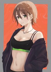 Rule 34 | 1girl, black jacket, border, breasts, brown hair, camisole, character request, cleavage, copyright request, crop top, emu (emum), green eyes, grey border, grin, hair between eyes, hands in pockets, highres, jacket, jewelry, long sleeves, looking at viewer, medium breasts, midriff, navel, necklace, off shoulder, outside border, short hair, single bare shoulder, smile, solo, spaghetti strap, stomach, upper body