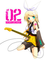 Rule 34 | 1girl, aqua eyes, bad id, bad pixiv id, blonde hair, electric guitar, fender (company), fender stratocaster, guitar, hair ornament, hair ribbon, hairclip, headphones, instrument, kagamine rin, kneeling, mitsuki okazaki, okazaki mitsuki, ribbon, sailor collar, shorts, simple background, smile, solo, vocaloid