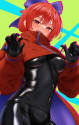 Rule 34 | 1girl, akatsuki records, blue bow, blush, bodysuit, bow, breasts, cape, covered navel, gloves, hair bow, highres, indica, latex, latex bodysuit, latex gloves, latex suit, long sleeves, medium breasts, open mouth, red cape, red eyes, red hair, rock &#039;n&#039; rock &#039;n&#039; beat, sekibanki, short hair, smile, solo, touhou, upper body