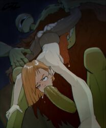 Rule 34 | 1boy, 1girl, 69, absurdres, bestiality, breasts, brown eyes, coliboly, drooling, fellatio, forced, fucked by enemy, highres, interspecies, irrumatio, jujutsu kaisen, kugisaki nobara, large breasts, licking, long hair, medium hair, monster, monster boy, monster sex, mouth drool, no bra, no panties, nude, oral, orange hair, penis, rape, rolling eyes, saliva, size difference, sweat, sweatdrop, thighhighs, thighs, torn clothes, uncensored