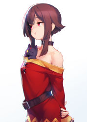 Rule 34 | 1girl, animal, animal in clothes, arms behind back, ataruman, bare shoulders, belt, black collar, blush, brown hair, cat, chomusuke, closed mouth, collar, commentary request, dress, fingerless gloves, gloves, highres, kono subarashii sekai ni shukufuku wo!, long sleeves, looking away, looking to the side, megumin, off-shoulder dress, off shoulder, pout, red dress, red eyes, short hair, short hair with long locks, upper body