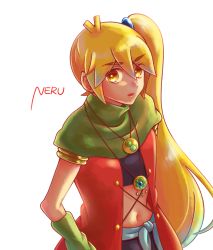 Rule 34 | 1girl, akita neru, arm warmers, armband, blonde hair, capelet, character name, commentary, crop top, ethnic (module), green capelet, hair tie, highres, jacket, jewelry, long hair, looking at viewer, midriff, navel, necklace, ponytail, project diva (series), red jacket, sakine 1105, side ponytail, solo, very long hair, vocaloid, white background, yellow eyes