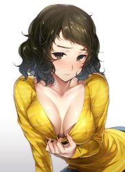Rule 34 | 10s, 1girl, black hair, blush, breasts, brown eyes, cleavage, clothes pull, covered erect nipples, eyebrows, flat expression, gradient background, hizuki akira, kawakami sadayo, long sleeves, looking at viewer, messy hair, no bra, persona, persona 5, pulled by self, shirt, shirt pull, short hair, solo, striped clothes, striped shirt, teacher