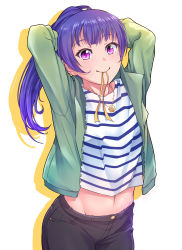 Rule 34 | 1girl, adjusting hair, arms up, blue hair, bunching hair, cowboy shot, denim, earrings, groin, highres, jacket, jeans, jewelry, kanabun, looking at viewer, love live!, love live! school idol festival, love live! sunshine!!, midriff, mouth hold, necklace, open clothes, open jacket, pants, pink eyes, ribbon, shirt, silhouette, solo, striped clothes, striped shirt, tsushima yoshiko