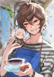 Rule 34 | 1boy, ahoge, apron, beach, bishounen, blue eyes, brown hair, chibi, chibi on shoulder, chocolate, coffee, coffee cup, commentary, commentary request, cup, denim, disposable cup, feathered wings, granblue fantasy, hair between eyes, holding, holding plate, lucifer (shingeki no bahamut), male focus, plate, red eyes, sandalphon (granblue fantasy), sandalphon (server of a sublime brew) (granblue fantasy), shirt, short hair, smile, spoken flower, striped clothes, striped shirt, tki, upper body, vertical-striped clothes, vertical-striped shirt, white hair, white wings, wings