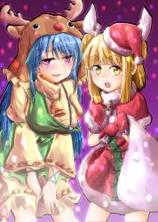 Rule 34 | 2girls, animal costume, apron, arm ribbon, bell, blonde hair, blue hair, blunt bangs, capelet, commentary request, cowboy shot, dress, fur trim, gloves, green apron, hair ribbon, haniwa (statue), haniyasushin keiki, hat, highres, jewelry, joutouguu mayumi, long hair, looking at viewer, multiple girls, necklace, open mouth, oshiaki, purple hair, red capelet, red dress, red gloves, reindeer costume, ribbon, sack, santa costume, santa hat, smile, teeth, touhou, upper teeth only, yellow dress, yellow eyes