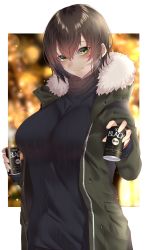 Rule 34 | 1girl, absurdres, blurry, blurry background, blush, breasts, brown hair, can, closed mouth, coat, commentary request, fur collar, green coat, green eyes, hair between eyes, highres, holding, holding can, large breasts, looking at viewer, onineko-chan, open clothes, open coat, original, ribbed sweater, short hair, smile, solo, sweater, turtleneck, turtleneck sweater