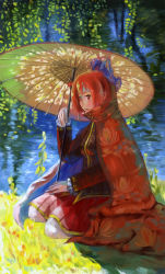 Rule 34 | amibazh, blouse, blue bow, bow, cape, floral print, hair bow, hanging plant, high collar, holding, holding umbrella, kneeling, long sleeves, oil-paper umbrella, outdoors, red cape, red eyes, red hair, red shirt, ribbon-trimmed headwear, ribbon trim, sekibanki, shirt, short hair, skirt, solo, touhou, umbrella, water