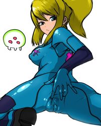 Rule 34 | 1girl, 51 (gigamiso), ass, blonde hair, blue bodysuit, blue eyes, bodysuit, breasts, cameltoe, latex, medium breasts, metroid, metroid (creature), nintendo, nipples, ponytail, pussy, samus aran, solo, spread pussy, spread pussy under clothes, uncensored, zero suit