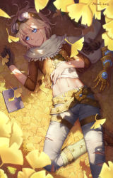 Rule 34 | 1boy, androgynous, autumn, blonde hair, blue eyes, book, dappled sunlight, ezreal, from above, gloves, highres, leaf, league of legends, lying, mool yueguang, navel, solo, steampunk, sunlight, torn clothes, unworn gloves