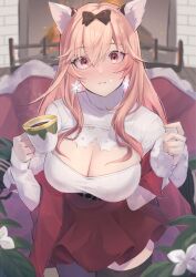 Rule 34 | 1girl, animal ears, blush, bow, breasts, christmas, cleavage, cleavage cutout, clothing cutout, coffee, commentary request, cowboy shot, cup, earrings, fireplace, food, food on face, frown, girls&#039; frontline, girls&#039; frontline neural cloud, hair between eyes, hair bow, highres, holding, holding cup, indoors, jewelry, large breasts, long sleeves, looking at viewer, official alternate costume, persicaria (neural cloud), pink eyes, pink hair, red skirt, ribbed sweater, sakana-ko, skindentation, skirt, snowflake earrings, solo, sweater, thighhighs, white sweater