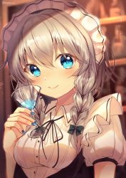 Rule 34 | 1girl, absurdres, artist name, black ribbon, blue eyes, blue nails, blush, bow, braid, breasts, commentary request, cup, drinking glass, green bow, hair between eyes, hair bow, hand up, highres, holding, holding cup, holding drinking glass, indoors, izayoi sakuya, looking at viewer, maid, maid headdress, medium breasts, nail polish, neck ribbon, nenobi (nenorium), puffy short sleeves, puffy sleeves, ribbon, short hair, short sleeves, silver hair, smile, solo, touhou, twin braids, twitter username, upper body