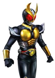 Rule 34 | 1boy, agito (ground form), armor, breastplate, commentary request, compound eyes, facing ahead, gauntlets, glowing, glowing eyes, gold armor, gold horns, hand up, highres, kamen rider, kamen rider agito, kamen rider agito (series), mask, masukudo (hamamoto hikaru), red eyes, shoulder armor, simple background, solo, tokusatsu, upper body, white background, yellow eyes